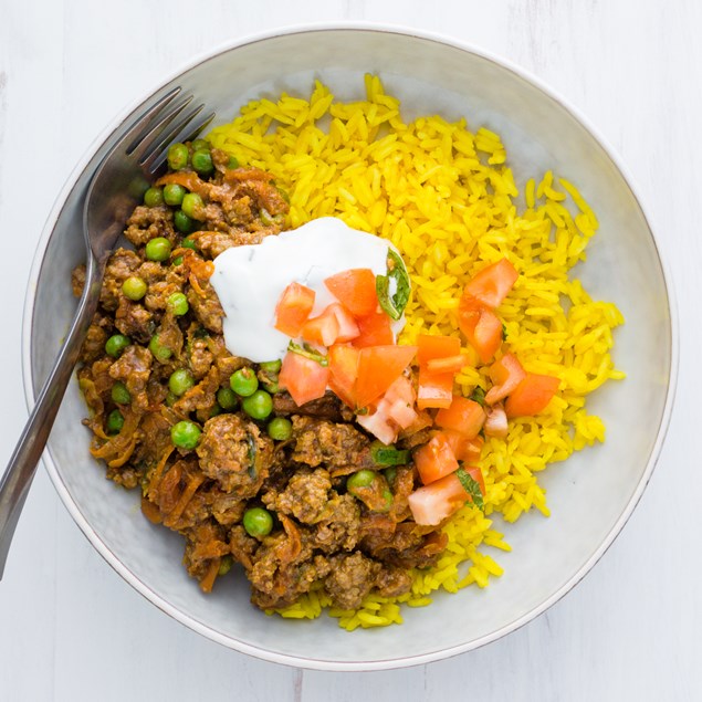 Indian-Spiced Lamb with Yellow Rice and Minted Yoghurt