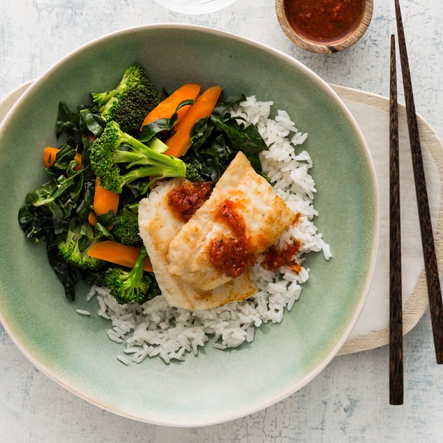 Pan-Fried Fish with Coconut Rice and Chilli Jam