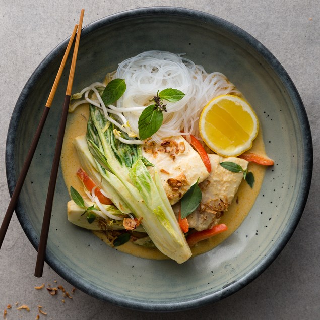 Fish Laksa with Vermicelli Noodles and Crispy Shallots