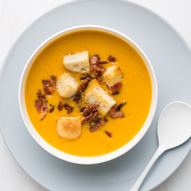 Curried Pumpkin Soup with Crispy Bacon & Croutons