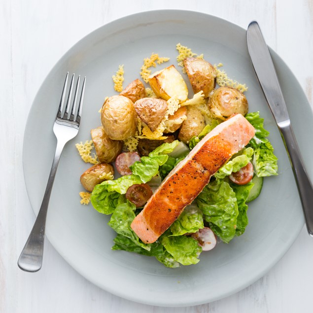 Salmon with Caesar Salad and Cheesy Potatoes