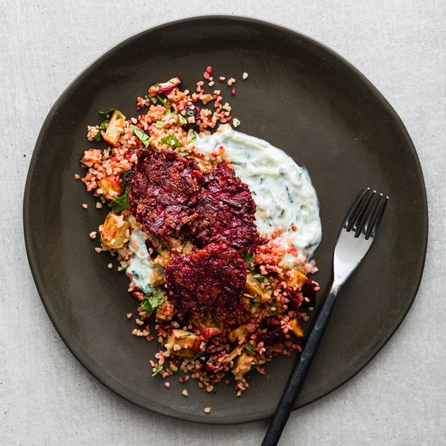 Beetroot Falafel with Roast Vegetable Tabbouleh and Tzatziki