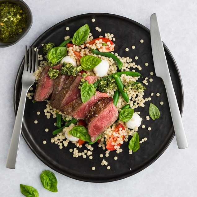 Beef Caprese with Pearl Couscous & Basil Pesto