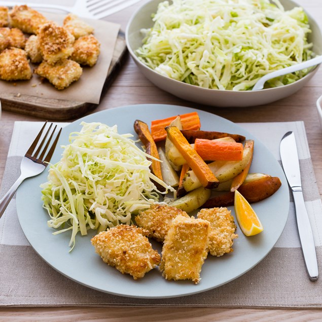 Crunchy Fish Nuggets with Slaw and Veggie Chips