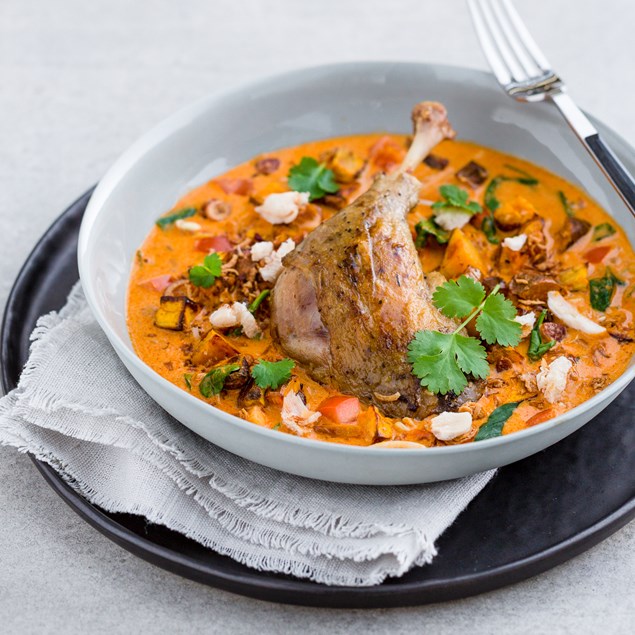 Duck Red Curry with Roasted Kumara and Crispy Shallots