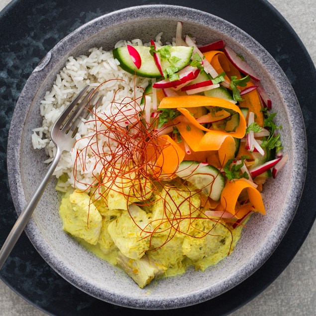 Turmeric Poached Fish with Rice and Chilli Floss