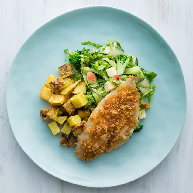 Hickory Crusted Fish with Potato Roasties and Cos-Apple Salad