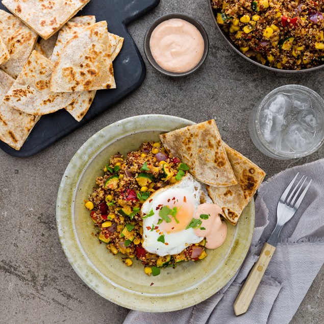MEXICAN QUINOA BOWLS WITH FRIED EGGS AND QUESADILLAS