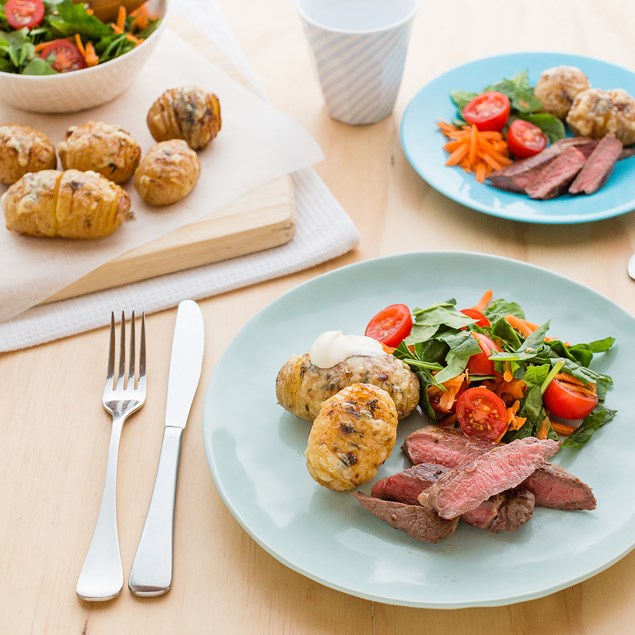 Hasselback Potatoes with Beef Sirloin Steak and Salad
