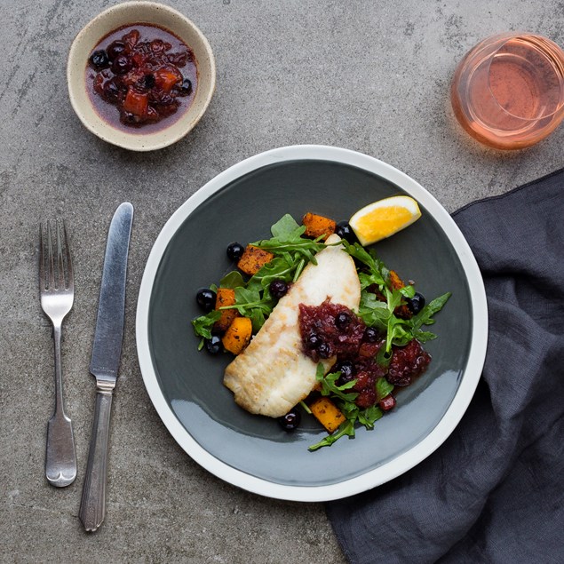 Pan-Fried Fish with Spiced Pumpkin and Blueberry Agrodolce
