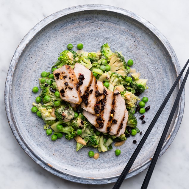 Black Bean Pork with Nutty Broccoli and Pea Salad
