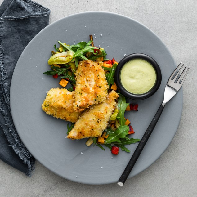 Dill Crumbed Fish with Roasted Vegetables and Tartare Hollandaise 