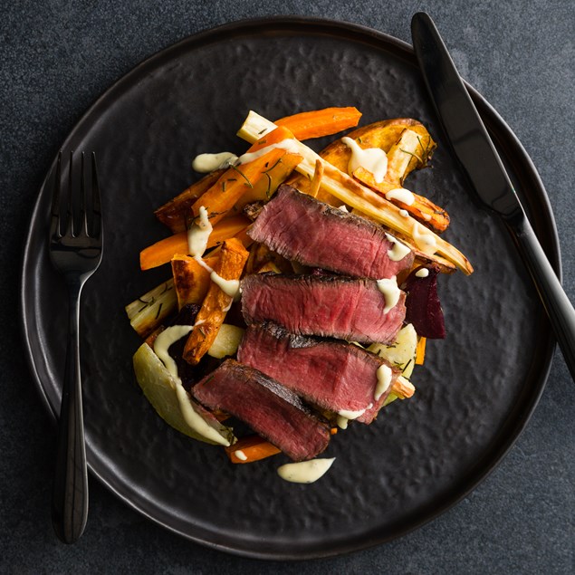 Beef Eye Fillet with Rosemary Roasted Vegetables and Béarnaise