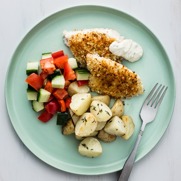 Crunchy Fish with Caper Crème and Roasties