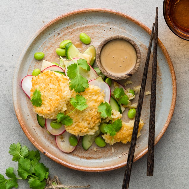 Japanese Rice Cakes with Edamame Salad and Sesame Dressing