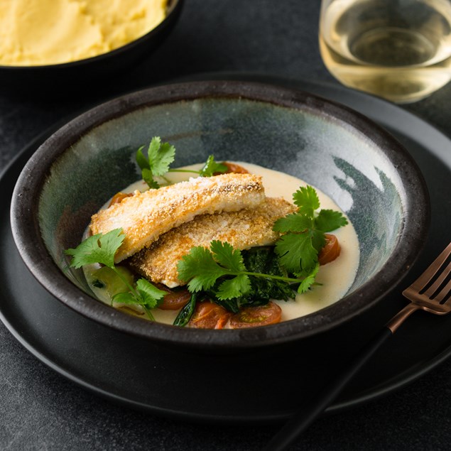 Fijian Coconut Fish with Spinach & Curried Kumara