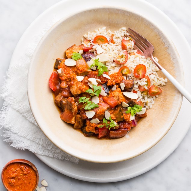 Spanish Paprika Chicken with Steamed Rice and Romesco Sauce