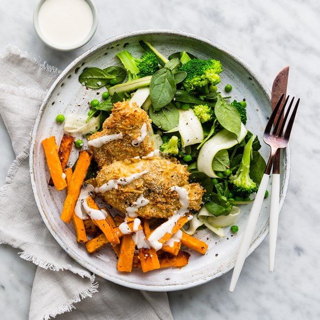 Chicken Schnitzel  with Kumara & Garlic Aioli