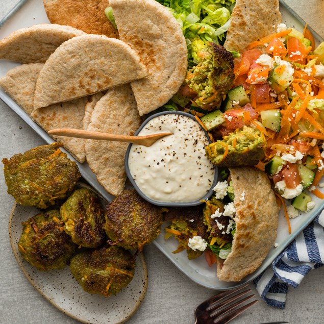 Falafel Pita Pockets with Feta Salad & Hummonaise