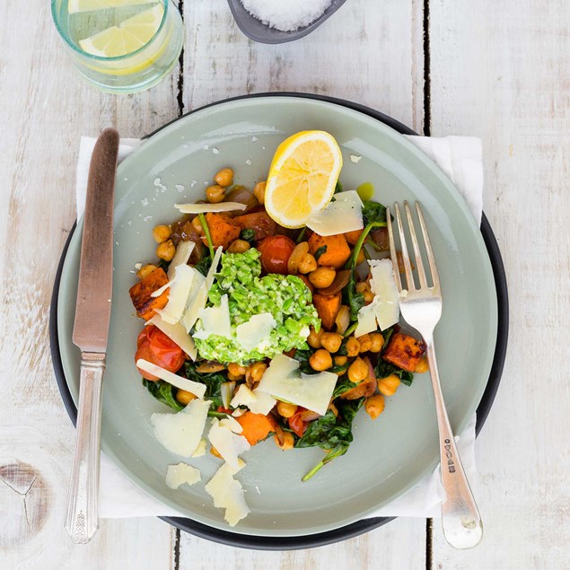 Roast Kumara and Chickpea Salad with Pea, Parmesan, Feta and Basil ‘Pesto’