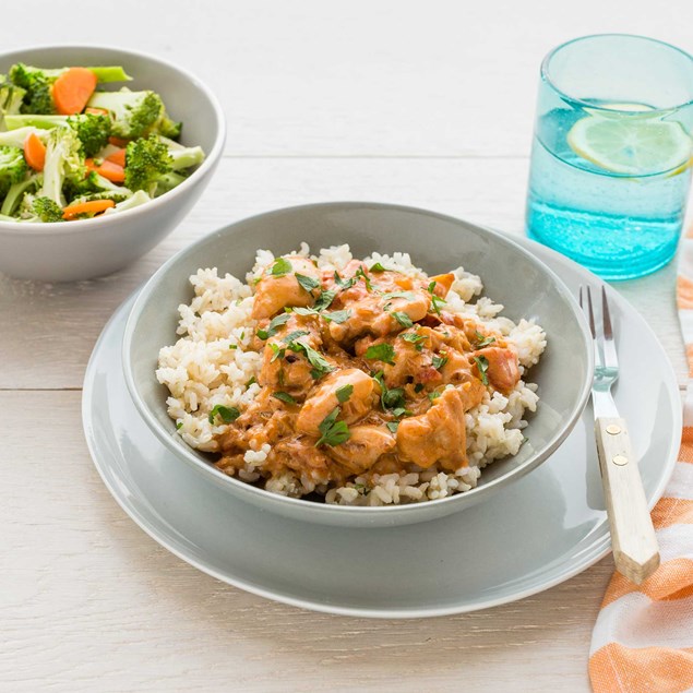 Butter Chicken Curry with Rice and Steamed Vegetables 