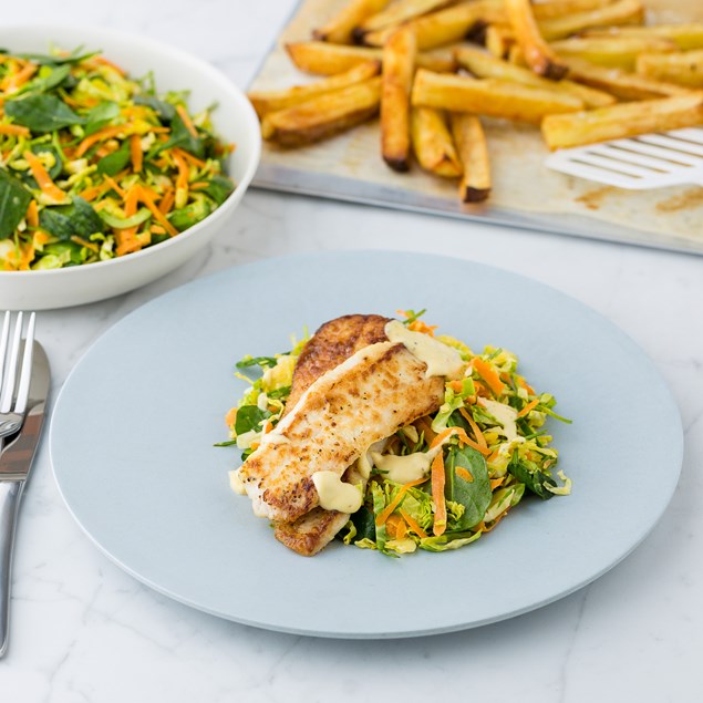LEMON PEPPER FISH WITH CHIPS AND BRUSSELS SLAW