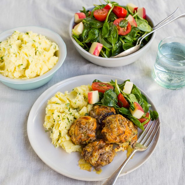 Cheesy Meatballs with Thyme Potato Mash and Cherry Tomato Spinach Salad
