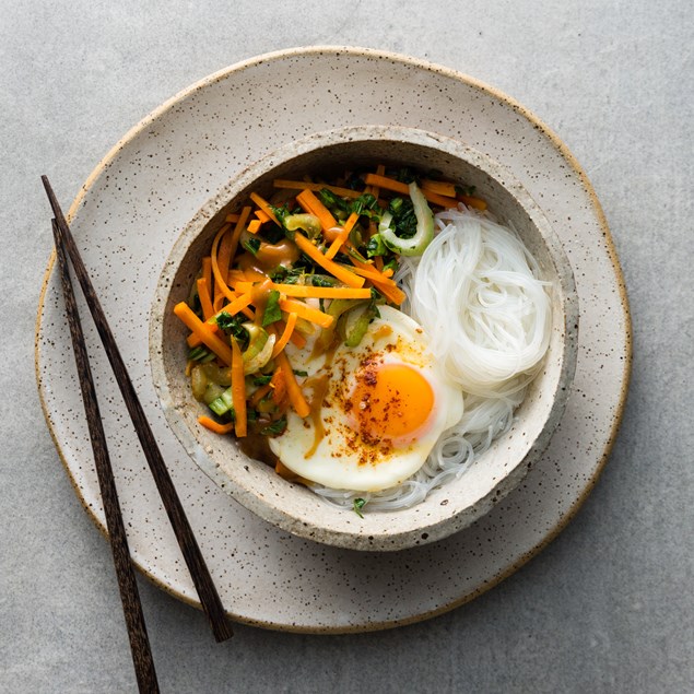Korean Bibimbap Bowl with Fried Eggs and Vermicelli Noodles