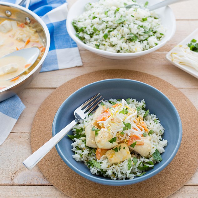 Fish Laksa with Lemon Spinach Rice