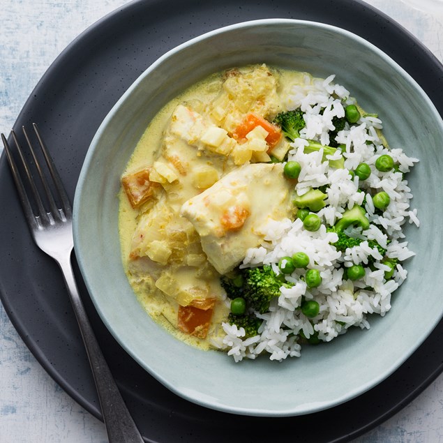 Lemongrass Fish Curry with Broccoli and Pea Rice