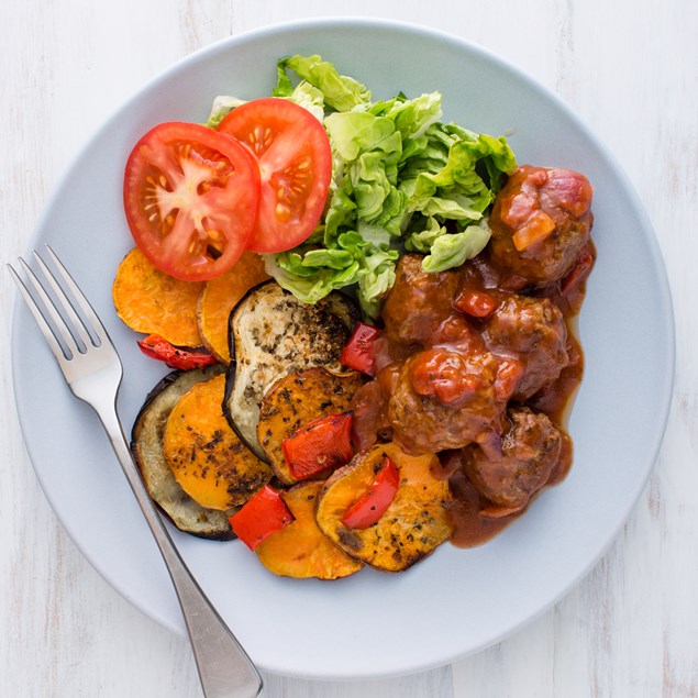 Beef and Thyme Meatballs with Vegetable Stack