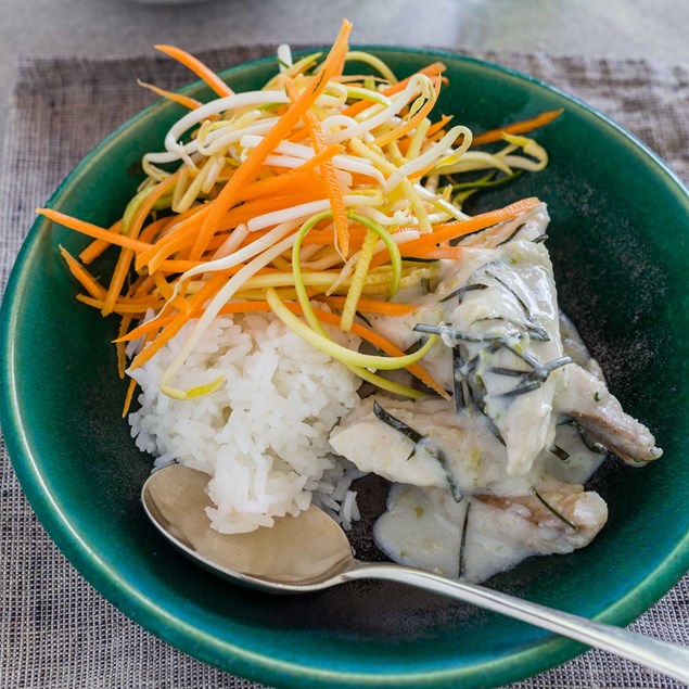 Thai Coconut Poached Fish with Jasmine Rice and Salad