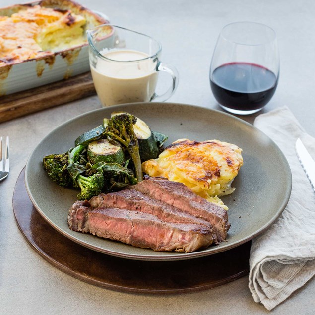 Steak with Green Peppercorn Sauce and Gratin Dauphinois