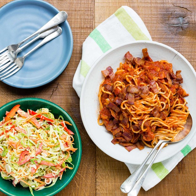 Bacon Bolognaise with Fresh Spaghetti and Capsicum Slaw