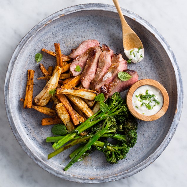Lean Lamb and Spiced Parsnip and Carrot with Broccolini and Almond Sauce