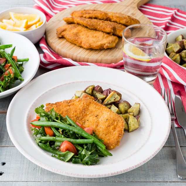 Cajun-Crumbed Chicken Schnitzel with Kumara Chunks