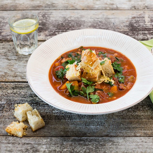 Bacon and Cannellini Bean Minestrone Soup with Cheesy Croutons