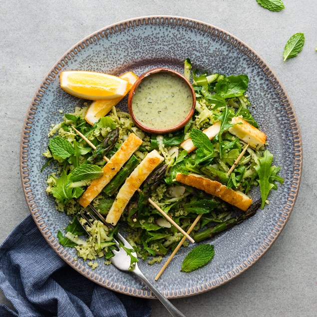 Halloumi and Asparagus Skewers with Verde Couscous