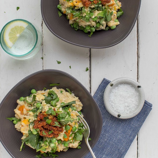 Pumpkin, Pea and Spinach Risotto with Sundried Tomato Pesto