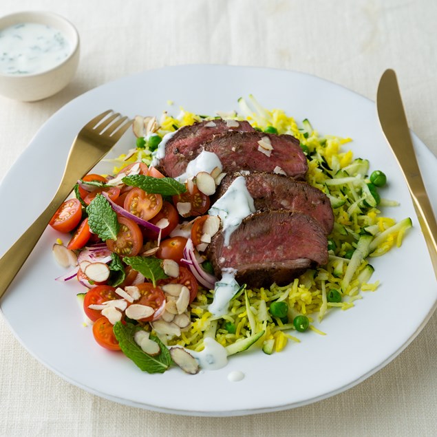 Moroccan-Spiced Lamb with Yellow Rice and Minted Yoghurt 