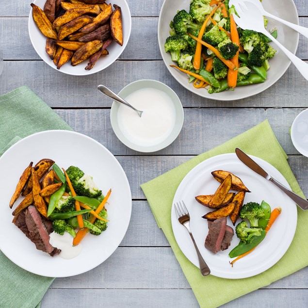 Beef with Kumara Wedges and Vegetable Toss