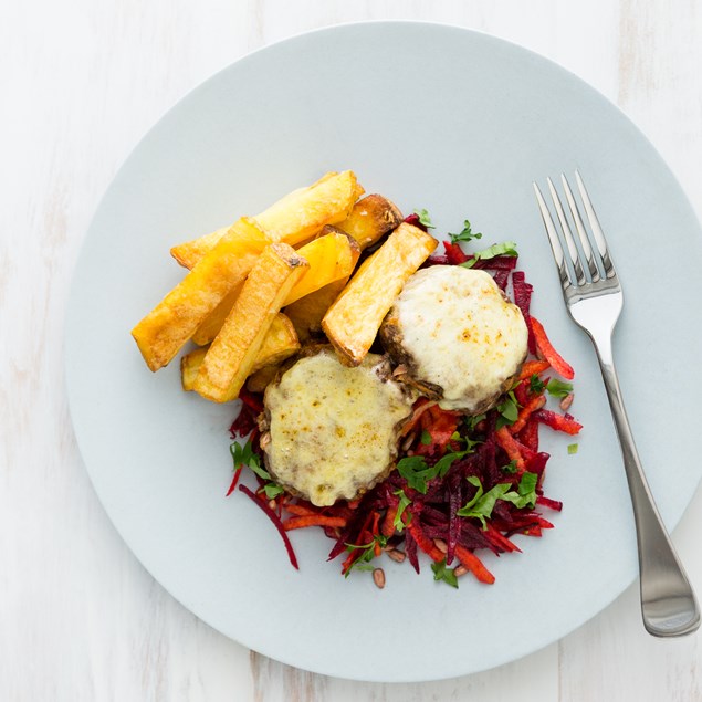 Naked Beef Burgers with Beetroot Carrot Salad and Chunky Chips