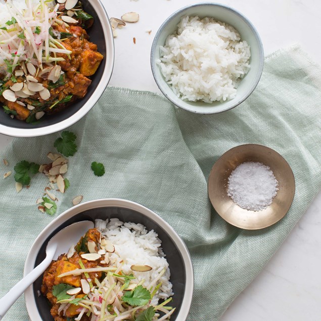 Golden Kumara Dhal with Radish Apple Pickle and Almonds