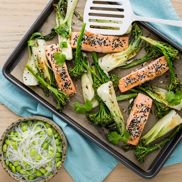 Thai-Baked Salmon with Edamame and Rice Noodles