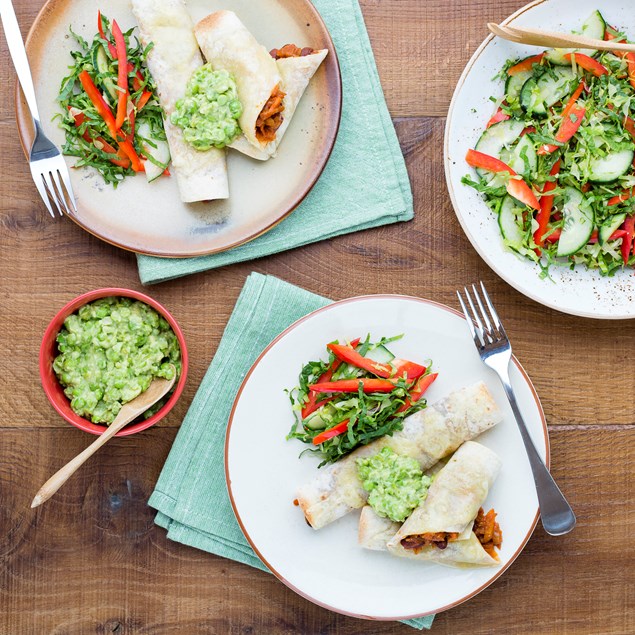 Bean Taquitos with Crunchy Salad and Pea Guacamole - My Food Bag