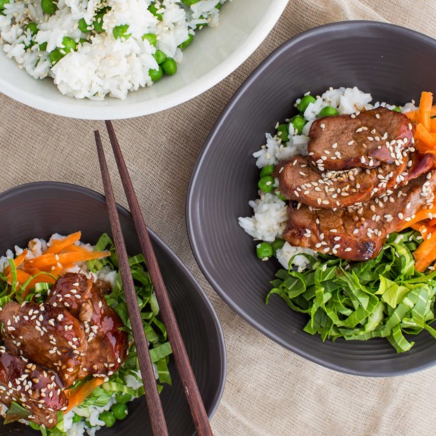 Char Siu Pork with Sticky Sesame Pea Rice and Vege