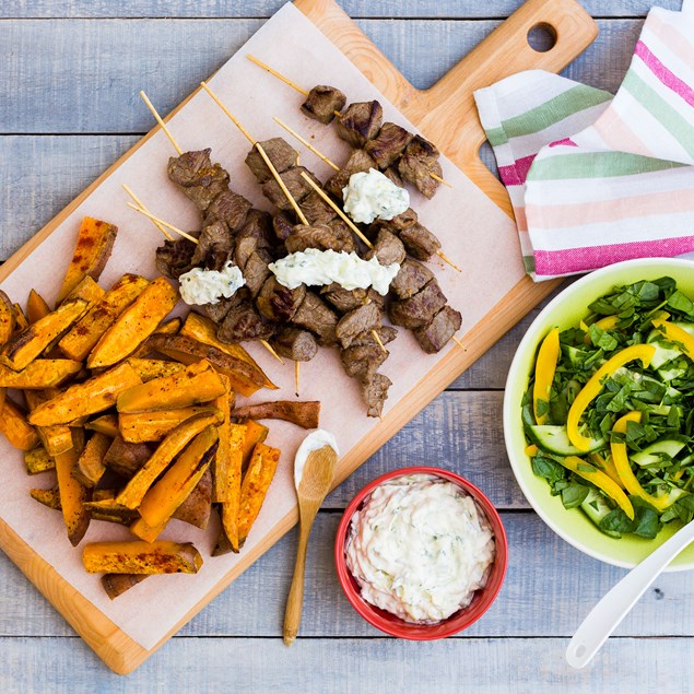 Beef Skewers with Kumara Chips and Cucumber Mint Cream