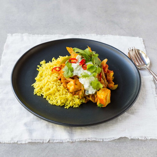 Curried Paneer with Yellow Rice and Raita