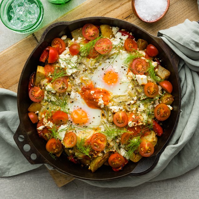 Turkish Feta & Harissa Eggs with Spiced Potato Hash & Creamy Leeks