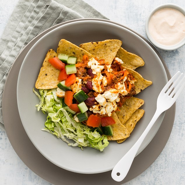 Beef Nacho Bowl with Salsa and Chipotle Crema